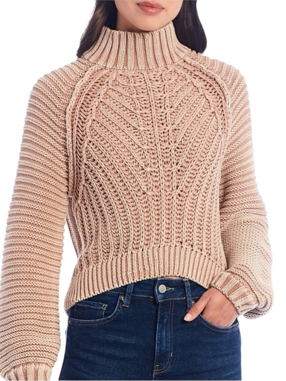Free People - Sweetheart Mock Neck Chunky Cable Knit Sweater Sand Castle Sz M